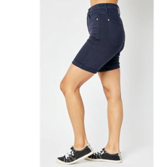 NWT Judy Blue High Waist Navy Garment Dyed Tummy Control Bermuda Shorts - Picture 1 of 16